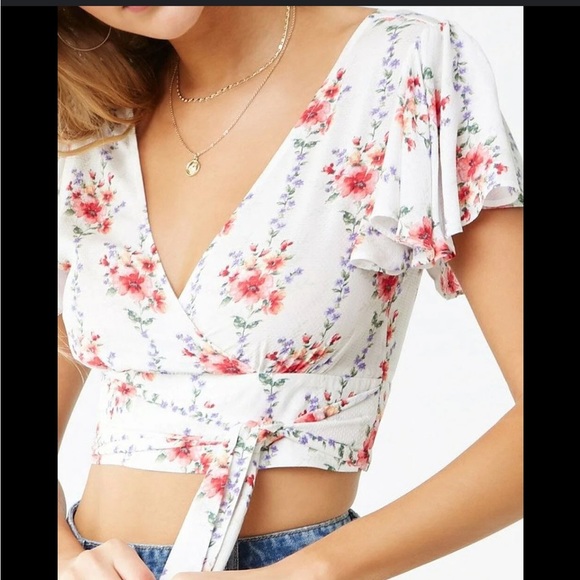 Forever 21 White Floral Wrap Tie Crop Top Blouse Ruffle Women’s Summer Spring - Picture 3 of 11